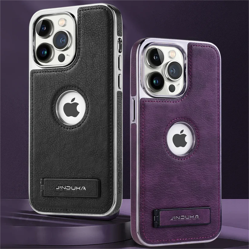 JDK Logo Cutout Luxury Plating Bumper Leather Folding Kickstand Phone Case For iPhone 16 15 14 Pro Max Series - Image 16