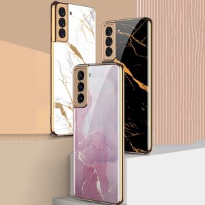Luxury Gold Plated Marble Tempered Glass Case for Samsung Galaxy S21 Plus