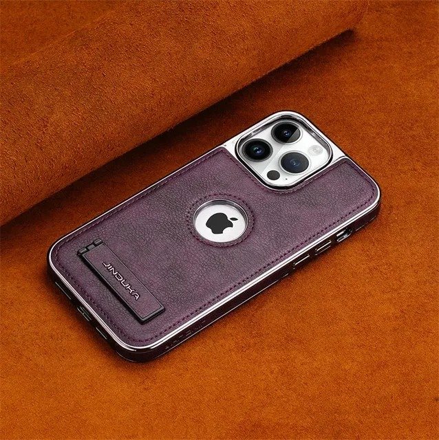 JDK Logo Cutout Luxury Plating Bumper Leather Folding Kickstand Phone Case For iPhone 16 15 14 Pro Max Series - Image 28
