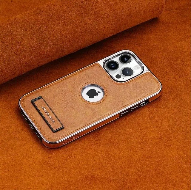JDK Logo Cutout Luxury Plating Bumper Leather Folding Kickstand Phone Case For iPhone 16 15 14 Pro Max Series - Image 27