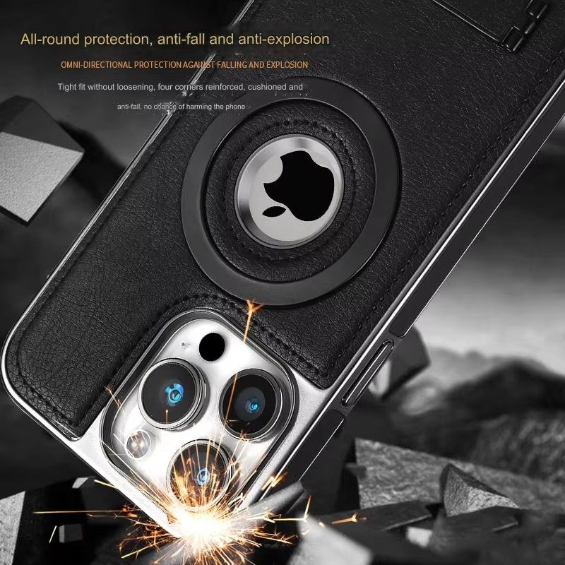 JDK Logo Cutout Luxury Plating Bumper Leather Folding Kickstand Phone Case For iPhone 16 15 14 Pro Max Series - Image 24