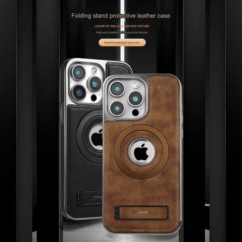 JDK Logo Cutout Luxury Plating Bumper Leather Folding Kickstand Phone Case For iPhone 16 15 14 Pro Max Series - Image 23