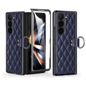 Samsung Galaxy Z Fold 3 4 5 6 Series, Luxury Plating Edge Case with Hanging Ring Anti-Scratch Screen Protection Leather Cover