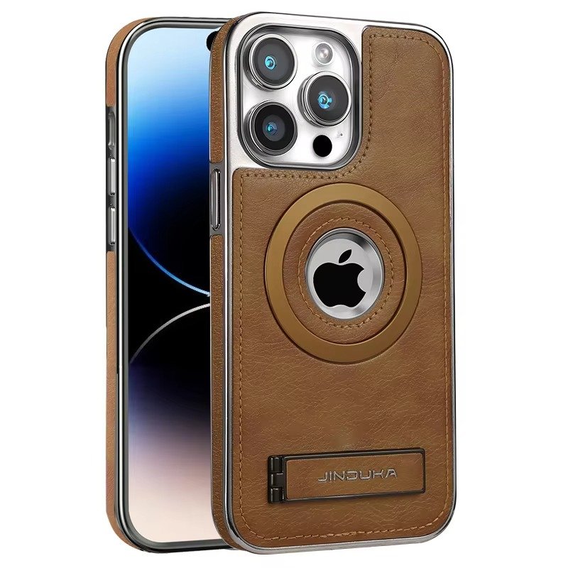 JDK Logo Cutout Luxury Plating Bumper Leather Folding Kickstand Phone Case For iPhone 16 15 14 Pro Max Series - Image 3